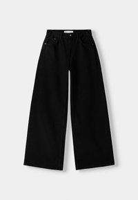 Svarta bredbenade jeans med hög midja, med knäppning, fem fickor och en lätt lyster i tyget.