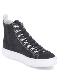 Black high-top sneakers with perforated fabric, white laces, and a white rubber sole, featuring a side zipper for easy wear.