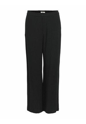 Pantaloni neri a gamba larga realizzati in un tessuto leggero. Presentano una vita elasticizzata e una texture liscia. Senza tasche né motivi visibili.