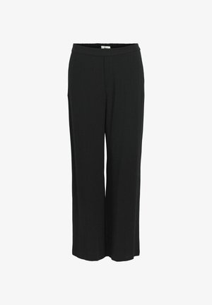 Pantalons larges noirs en tissu léger. Dotés d'une taille élastique et d'une texture lisse. Pas de poches ni de motifs visibles.