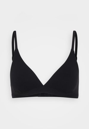 Black triangle bra with adjustable straps, soft fabric, and seamless design. Features a wide underband for support and a simple, minimalist style.