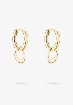 Gouden oorringen met in elkaar grijpende vormen; een ovale vorm verbonden met een grotere ronde ring; gepolijste, gladde oppervlakte.