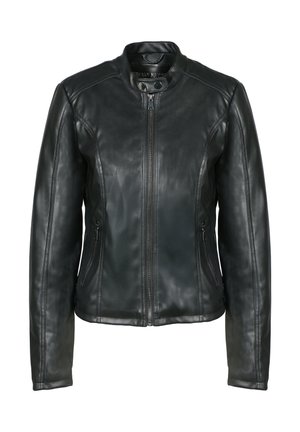 Veste en cuir noir avec fermeture éclair à l'avant, col à pression, deux poches latérales zippées et manches longues, présentée sur un fond blanc.