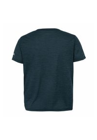 Dunkelblaues Kurzarm-T-Shirt mit rundem Ausschnitt, strukturiertem Stoff und lässiger Passform. Minimalistisches Design ohne sichtbare Logos oder Grafiken.