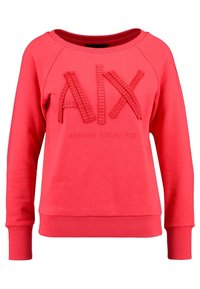 Sudadera roja con cuello redondo y puños acanalados. Presenta un logotipo "AIX" en relieve en la parte delantera y una textura suave. Ajuste casual.