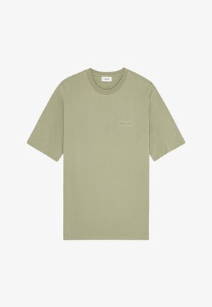 Olive green cotton t-shirt with short sleeves, round neckline, and a slightly raised printed logo on the chest. Smooth texture with minimal design.