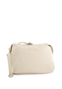 Beige Leder Umhängetasche mit glatter Textur, Reißverschluss, geprägtem "Venezia"-Logo und verstellbarem Riemen. Einfaches, rechteckiges Design.