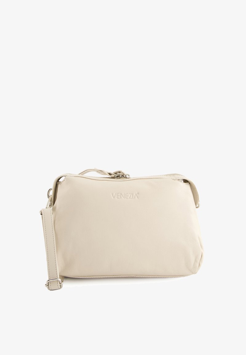 Beige Leder Umhängetasche mit glatter Textur, Reißverschluss, geprägtem "Venezia"-Logo und verstellbarem Riemen. Einfaches, rechteckiges Design.