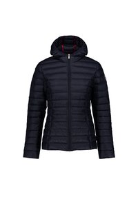 Giacca nera trapuntata con cappuccio, zip frontale e dettagli di fodera rossa all'interno del cappuccio.