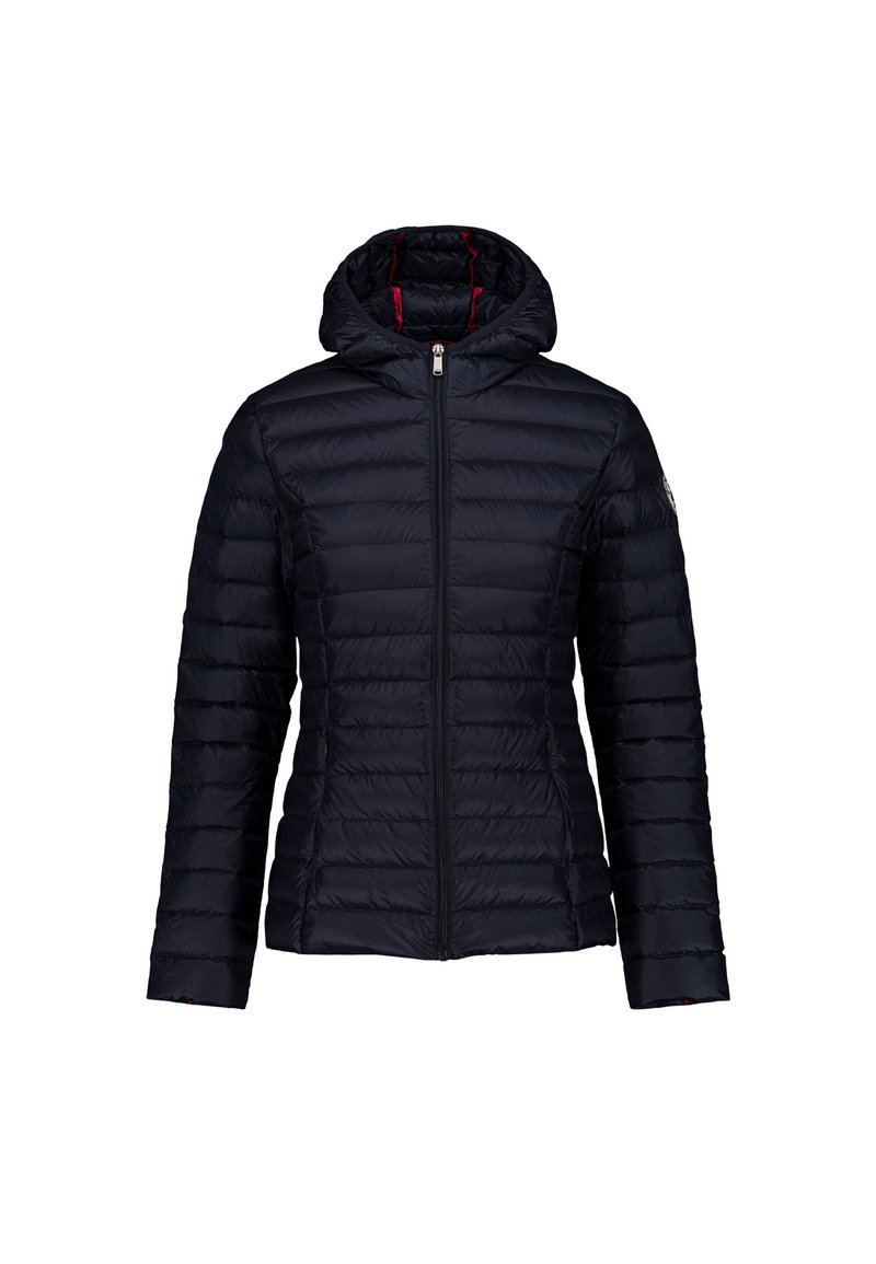 Giacca nera trapuntata con cappuccio, zip frontale e dettagli di fodera rossa all'interno del cappuccio.