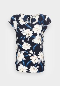 Námořnická květinová blůza s krátkým rukávem, zdobená bílými a světle růžovými květinami a modrými listy. Kulatý výstřih s klíčovou dírkou na zadní části.