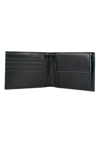 Portafoglio in pelle nera con più scomparti per carte, una tasca laterale, texture liscia e cuciture a contrasto lungo i bordi.