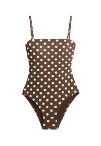 Costume intero marrone con pois bianchi e sottili spalline, caratterizzato da una scollatura dritta.