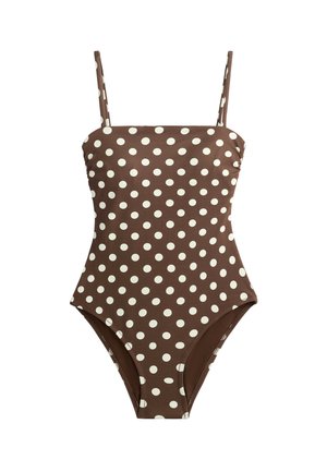 Brun badedragt med hvide prikker og tynde skulderstropper, med en lige udskæring.