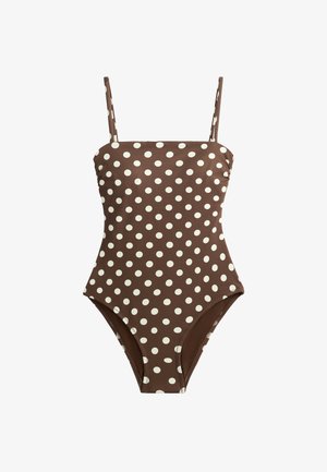 Brun badedragt med hvide prikker og tynde skulderstropper, med en lige udskæring.