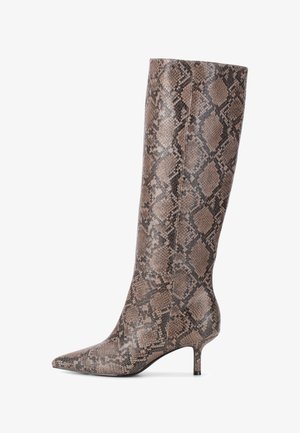 Knee-high pointed toe boots in snakeskin pattern, featuring a textured brown and gray finish with a decorative seam and a slim heel.