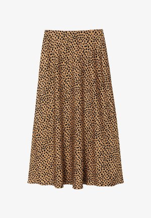 Kafijas krāsas midi svārki ar melniem neregulāriem punktiņiem, ar izliektu malām un gludu auduma tekstūru.