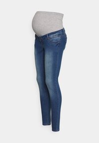 Calças de maternidade com um painel abdominal cinzento e elástico em denim azul. O design ajustado apresenta um efeito desbotado e o típico estilo de cinco bolsos.