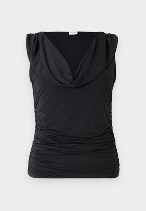 Black sleeveless top with a draped cowl neck; stretchy, gathered fabric creates vertical texture; smooth finish with a fitted silhouette.