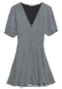 Schwarz-weiß gemustertes Kleid mit kurzen Puffärmeln, V-Ausschnitt, Knopfverschluss vorne und weit ausgestellt Rock.