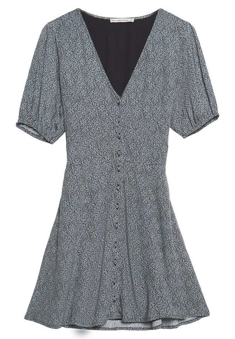 Schwarz-weiß gemustertes Kleid mit kurzen Puffärmeln, V-Ausschnitt, Knopfverschluss vorne und weit ausgestellt Rock.