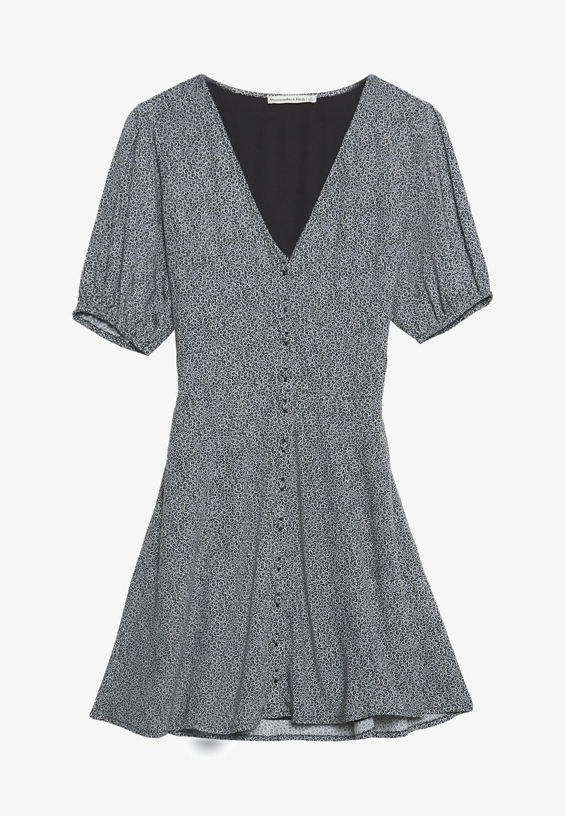 Schwarz-weiß gemustertes Kleid mit kurzen Puffärmeln, V-Ausschnitt, Knopfverschluss vorne und weit ausgestellt Rock.