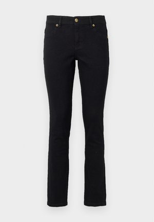 Black denim jeans featuring a straight cut, five-pocket design, button closure, and gold-tone hardware accents. Soft texture with minimal detailing.