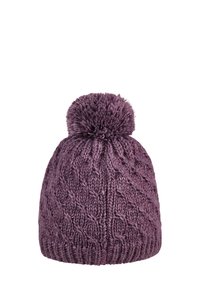 Lila Strickmütze mit strukturiertem Muster und einem flauschigen Pompon oben. Verfügt über eine gerippte, einfarbige Basis für einen engen Sitz.