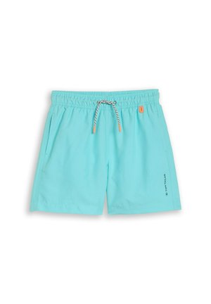 Shorts de bain pour hommes bleu clair avec ceinture élastique, cordon de serrage blanc et noir, poches latérales, et logo "Tom Tailor" sur la jambe gauche.