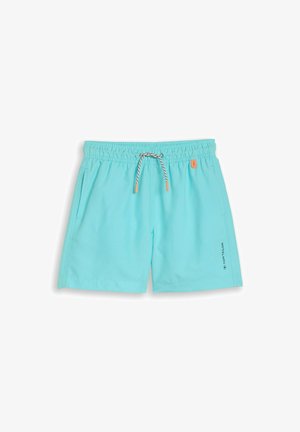 Jasnoniebieskie męskie spodenki kąpielowe z elastycznym pasem, białym i czarnym sznurkiem, bocznymi kieszeniami oraz logo "Tom Tailor" na lewej nogawce.