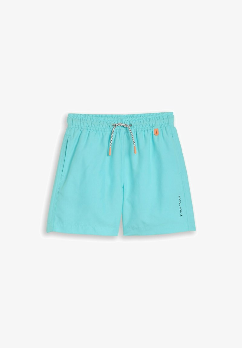 Lichtblauwe zwembroek voor heren met elastische tailleband, wit-zwarte trekkoordjes, zakken aan de zijkant en "Tom Tailor" logo op het linkerbeen.