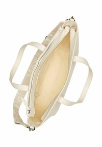 Witte leren handtas met een ritsafsluiting en een beige stoffen schouderband. Het interieur is van soepel beige stof en heeft één ritsvak.