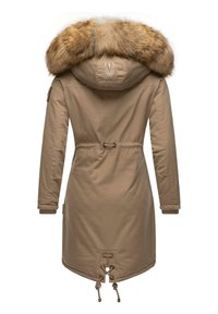 Beige parka coat featuring a fur-lined hood, drawstring waist, and cuffed sleeves. Scalloped hem with toggle closures at the bottom.