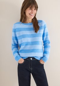 Maglione a righe azzurro chiaro con materiale testurizzato, scollo rotondo e maniche lunghe, abbinato a jeans scuri. La texture appare morbida e accogliente.