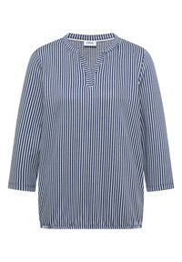 Chemise à manches longues à rayures verticales bleues et blanches, avec un col rond fendu et un ourlet élastiqué, étiquetée "Cecil" à l'intérieur du col.