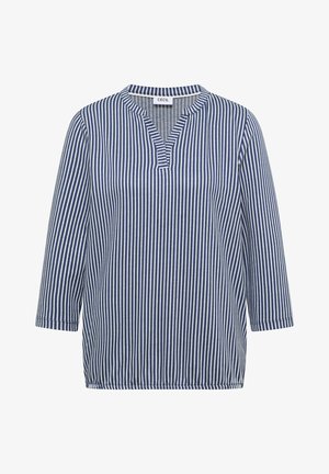 Blauw-wit gestreept overhemd met lange mouwen, verticale strepen, een gespleten ronde halslijn en een elastische zoom, met het label "Cecil" aan de binnenkant van de kraag.