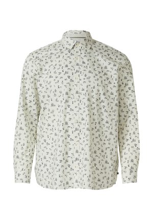 Witte overhemd met zwarte, speelse tekeningen; lange mouwen, puntige kraag en een ontspannen pasvorm. Zachte, lichte stof.