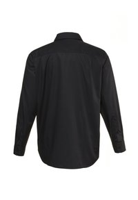 Schwarzes Langarmshirt mit klassischem Kragen, knöpfbaren Manschetten und glatter Textur. Die Rückansicht zeigt ein schlichtes Design ohne Muster.