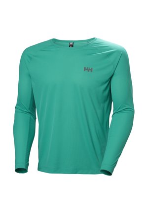 Dlouhý rukáv, atletické tričko v tyrkysové barvě s kulatým výstřihem a šedým logem "HH" na hrudi, zobrazené na bílém pozadí bez modelu.