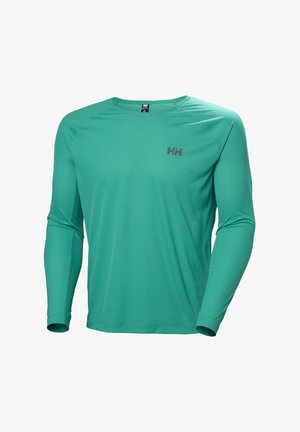 Dlouhý rukáv, atletické tričko v tyrkysové barvě s kulatým výstřihem a šedým logem "HH" na hrudi, zobrazené na bílém pozadí bez modelu.