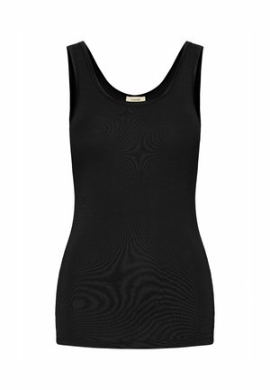 Top negru fără mâneci, fabricat dintr-un material neted. Dispune de un decolteu rotund și un design ajustat, cu o etichetă vizibilă la decolteu.