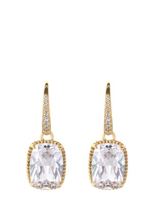 Boucles d'oreilles goutte en or avec de grandes pierres rectangulaires transparentes encadrées de petits diamants le long des crochets, sur fond blanc.