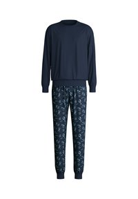 Navyblauw pyjama set met een lange mouw top en een broek met print, jogger stijl, voorzien van lichtblauwe graphics van verschillende objecten en schedels.