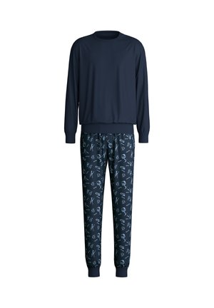 Navyblauw pyjama set met een lange mouw top en een broek met print, jogger stijl, voorzien van lichtblauwe graphics van verschillende objecten en schedels.