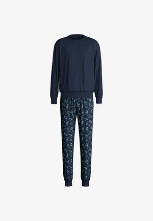 Navy blue pajama set featuring a long-sleeve top and printed jogger pants with light blue graphics of various objects and skulls.