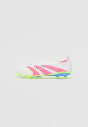 White soccer cleat featuring pink and yellow accents, streamlined design, textured upper, and multi-colored studs for traction.