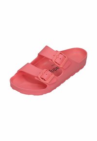 Pink plastic sandal with two adjustable straps and buckles. Smooth texture, contoured footbed, and a textured outsole for grip.