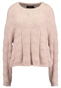 Ljusrosa stickad tröja med en texturerad vågmönster, rund halsringning och neddragna axlar med en avslappnad passform.