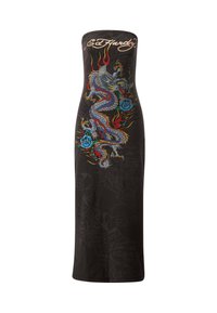 Abito lungo senza spalline nero con un design colorato di drago e rose, con accenti di fiamme e logo Ed Hardy in un font stilizzato. Tessuto dalla texture liscia.