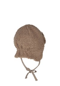 Brown soft fleece hat with a rounded top, flared base, and adjustable tie under the chin. Textured surface enhances warmth and comfort.